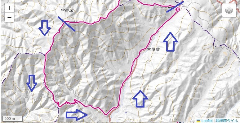 守屋山松尾峠登山コースのルート・標高差地図
