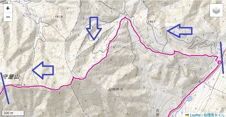 守屋山登山と杖突峠ルートの標高差地図