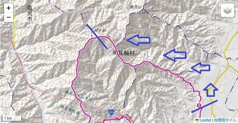 経ヶ岳仲仙寺登山ルート・標高差地図