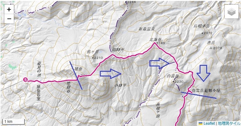 旭岳~北海岳~白雲岳避難小屋登山コース
