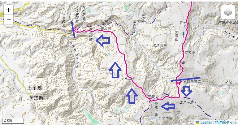 化雲岳、天人峡温泉、羽衣の滝の登山ルート・標高差