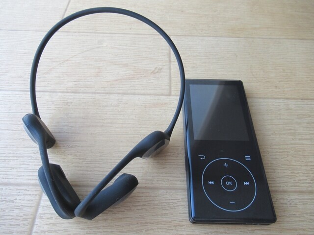 左手に写るのがRanFreeFワイヤレスイヤホンで右手に見えるのがMP3プレイヤー