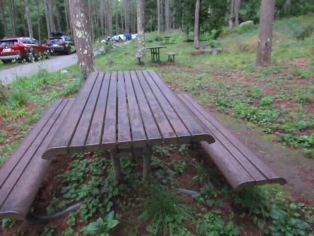 立場川キャンプ場の水場とベンチ