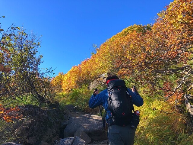 石室山荘までの登山ルートの青空と紅葉