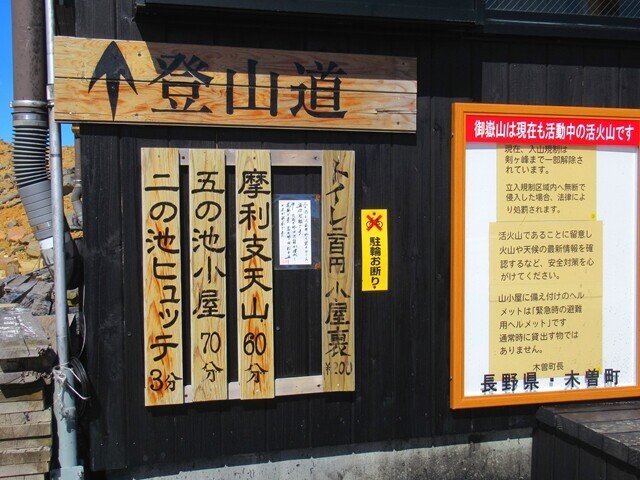 二ノ池山荘から二ノ池ヒュッテを始めとして主要な山小屋迄のコースタイム