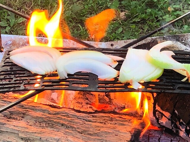 焚き火をしながら玉ネギを焼いている様子