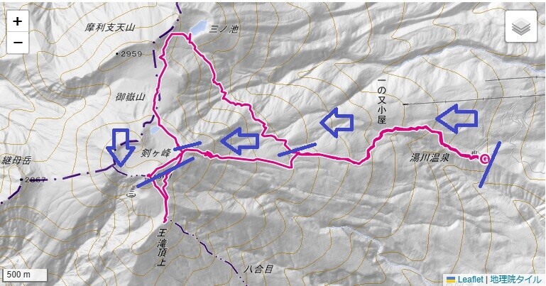 黒沢口六合目駐車場から御嶽山への登山ルートと標高差の地図