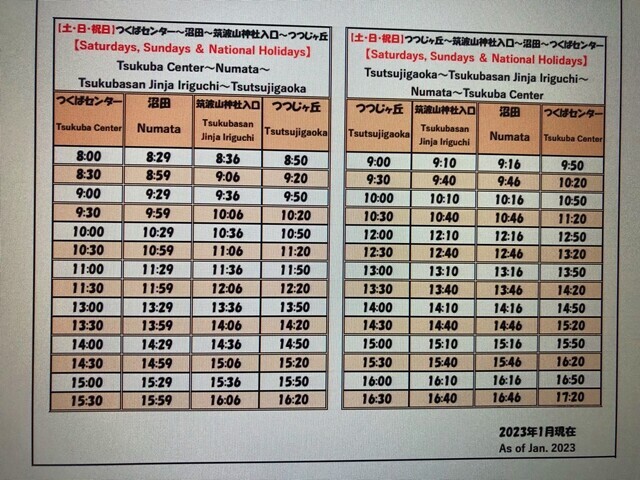 つくばセンターバス停から筑波山神社へ行くバスの時刻表