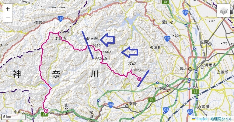大山から蛭ヶ岳縦走登山で歩いた登山ルート