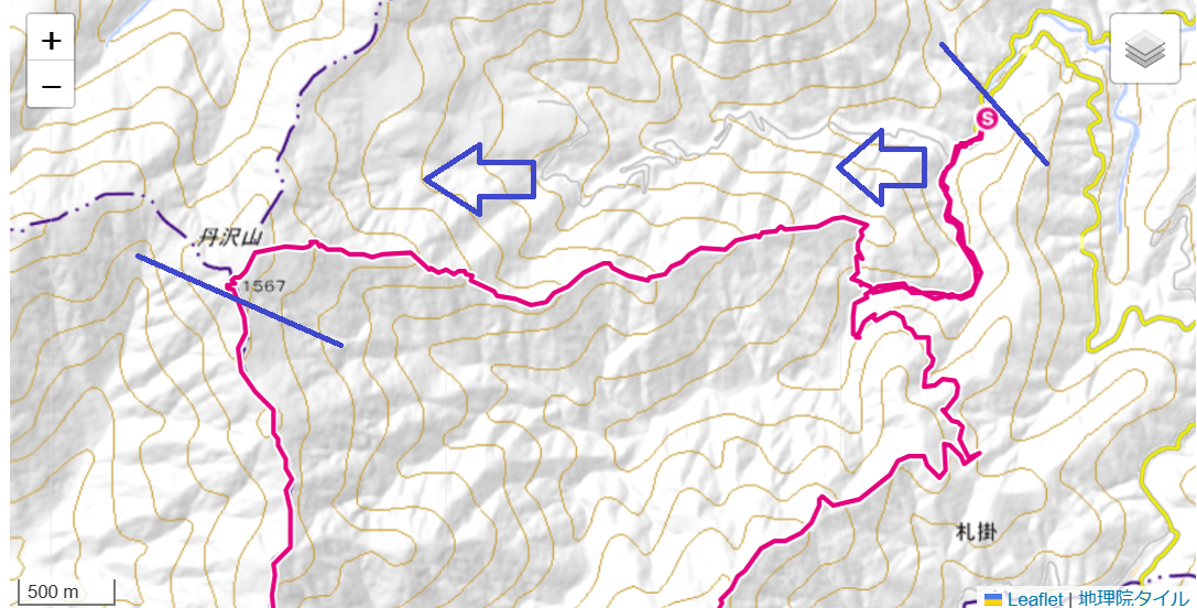 天王寺尾根から丹沢山への登山ルートと標高差の地図