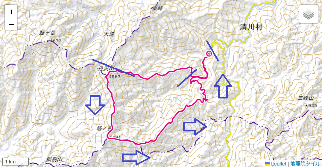 丹沢山、長尾尾根ルートのコース標高差地図