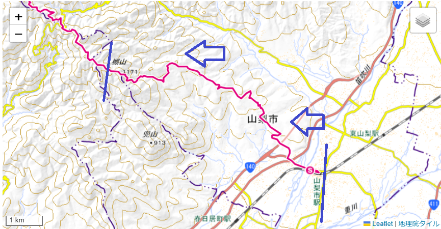 棚山の登山ルートと標高差の地図