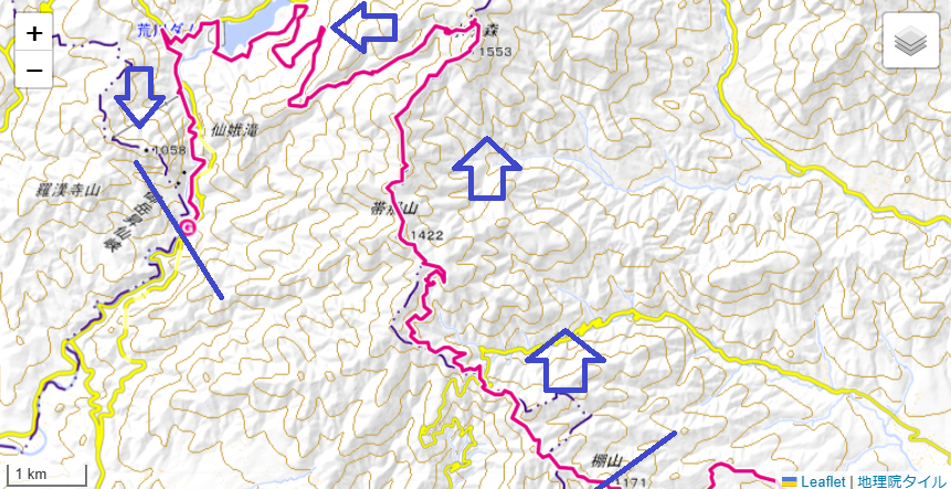 帯那山登山の登山ルートと標高差の詳細地図