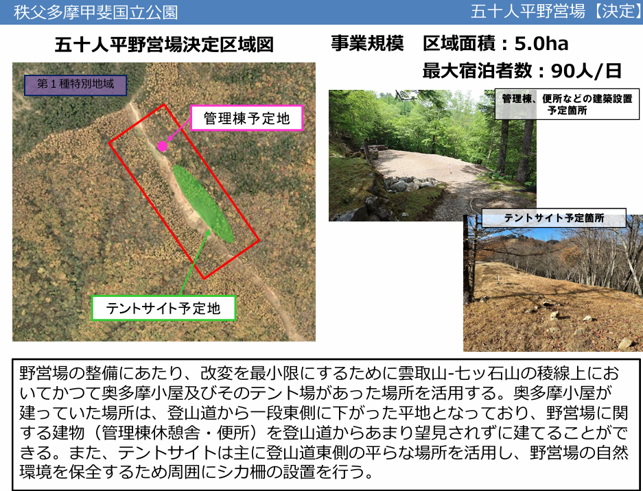 五十人平野営場のテント泊できるエリア図
