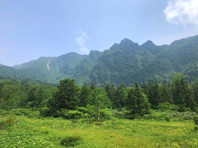 お花畑から見る岩手山鬼ヶ城の景色