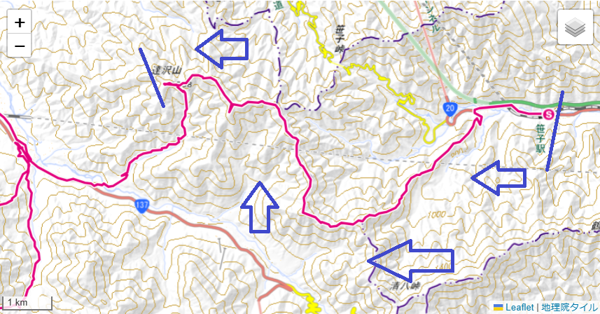 達沢山登山コースと標高差詳細図、駐車場