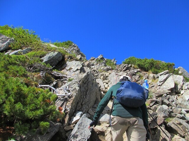 小太郎山分岐から北岳肩の小屋までの登山道急登りの場所
