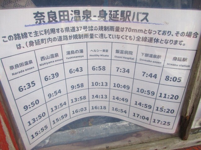 売店には奈良田温泉からのバスの時刻表が掲示されていた