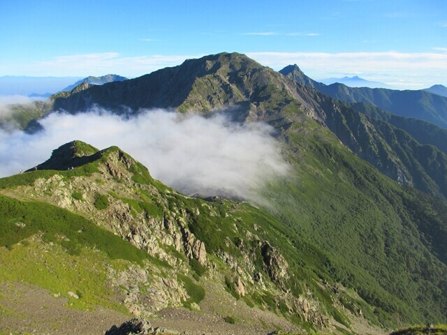 西農鳥岳の山頂付近からの登ってきたルート