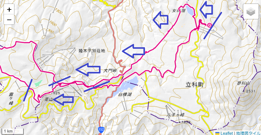 霧ヶ峰登山と車山、中央分水嶺トレイルの登山ルート・標高差地図