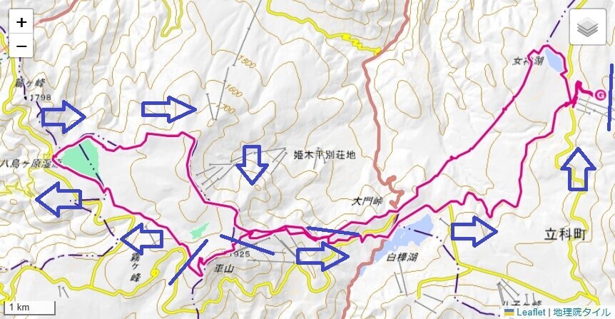 八島湿原へのハイキングルートとゼブラ山、北の耳、南の耳への標高差詳細