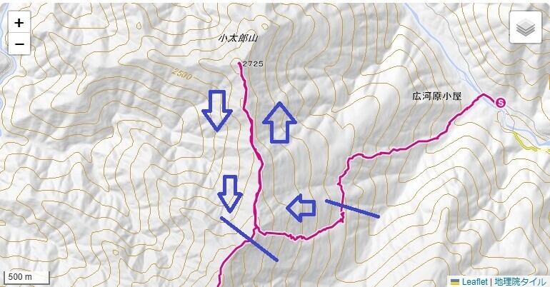 小太郎山と小太郎尾根のルートと標高差地図