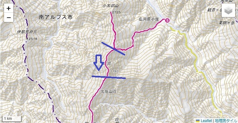 小太郎山分岐から北岳の登山ルート・標高差地図