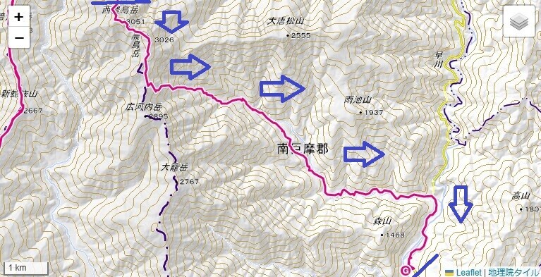 農鳥岳から大門沢小屋を経由して奈良田へ下山した時のルートと標高差地図