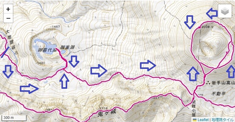 岩手山登山ルートと標高差の地図