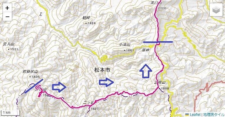 鉢伏山への登山と、二ツ山、三峰山への登山ルートと標高差地図