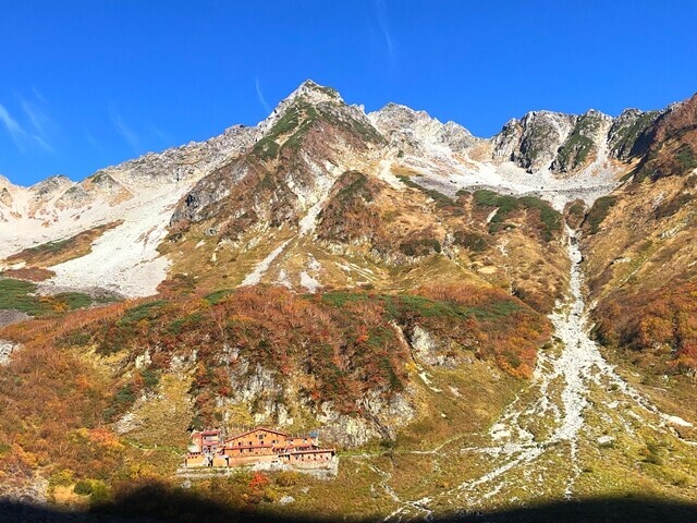 涸沢カールの朝焼けと涸沢小屋