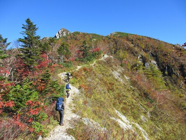 パノラマコースの狭い稜線を登る登山者たち