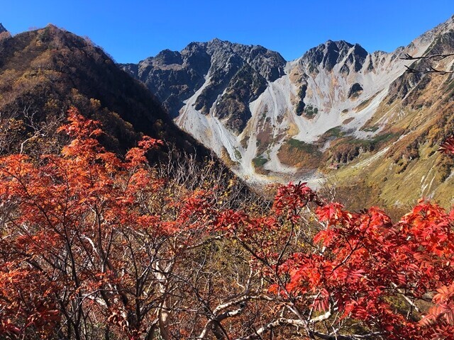 屛風の頭からの涸沢と紅葉の景色
