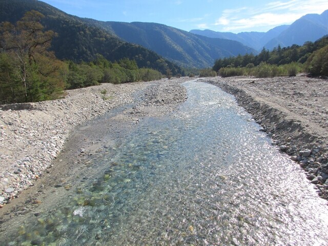 梓川を渡れば目指す徳澤園