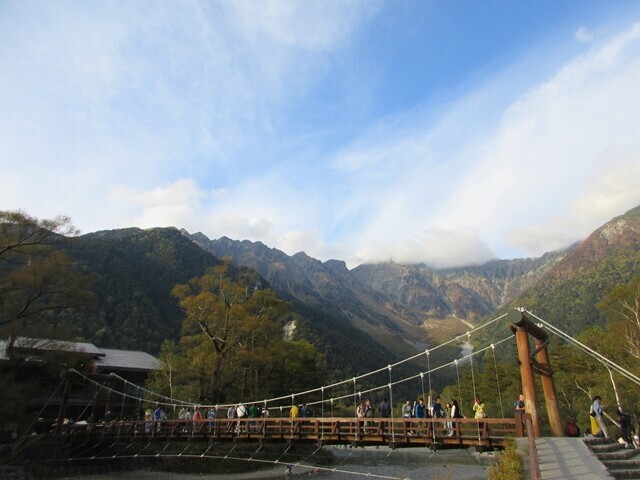 上高地のシンボル河童橋と穂高、涸沢カールの景色