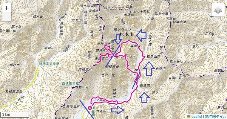 上高地から涸沢カールまでの登山ルートと標高差の地図