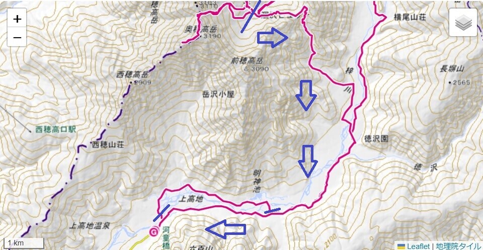 パノラマコースで涸沢から出発した登山ルートと標高差の地図