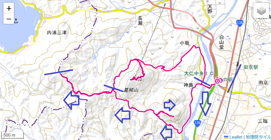 伊豆三山の城山、発端丈山、葛城山の登山ルート、標高差地図