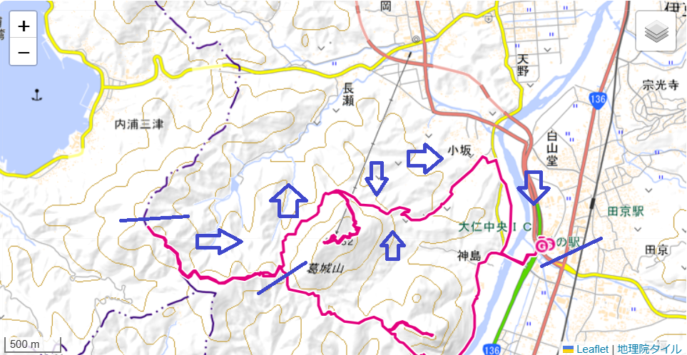 伊豆三山最高峰である葛城山登山ルートと標高差地図