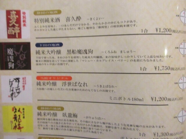 下田大和館の日本酒のメニューと料金