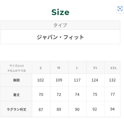 ＬＬビーンのダウンジャケットのサイズ表