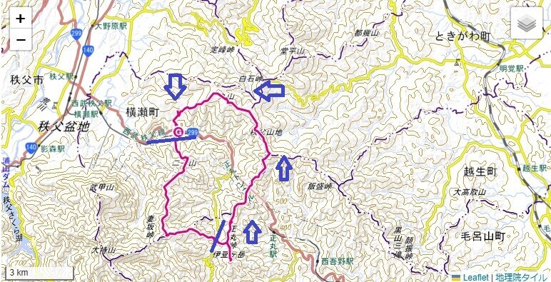 豆ヶ岳から正丸峠、丸山を経由して道の駅あしがくぼまで縦走した登山ルートと標高差の地図