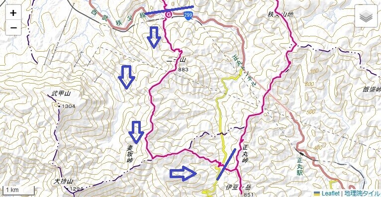 武川岳、二子山、名栗元気プラザまでの登山ルート、標高差詳細