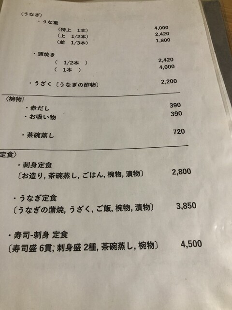 奴寿しのウナギのメニューと料金