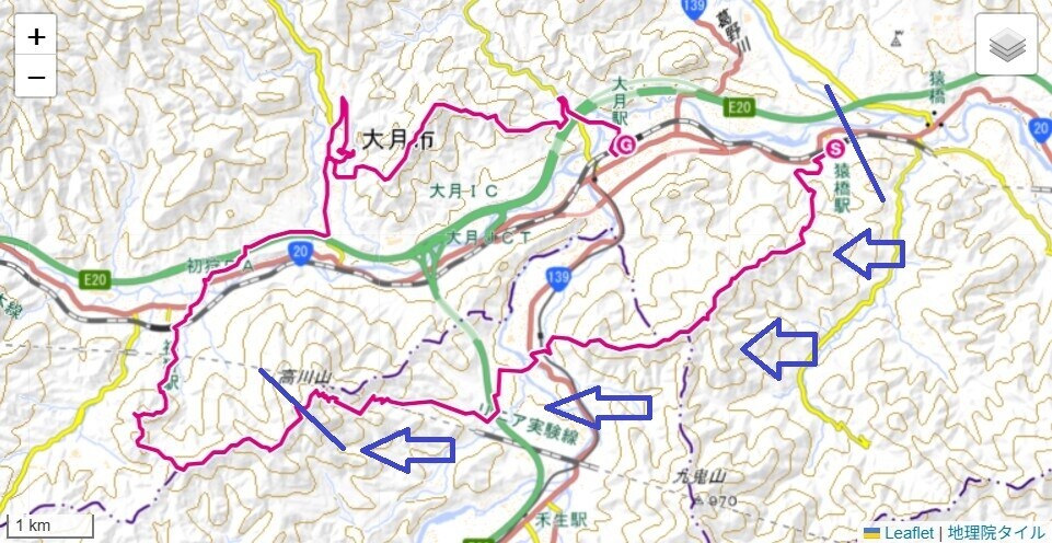高川山、御前山への登山ルートと標高差地図