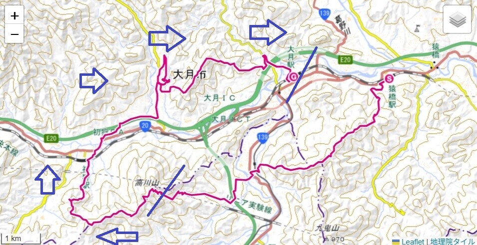 真木お伊勢山、花吹山登山のルートと標高差地図