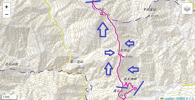 夜叉神峠駐車場から南御室小屋、辻山への登山ルートと標高差の地図