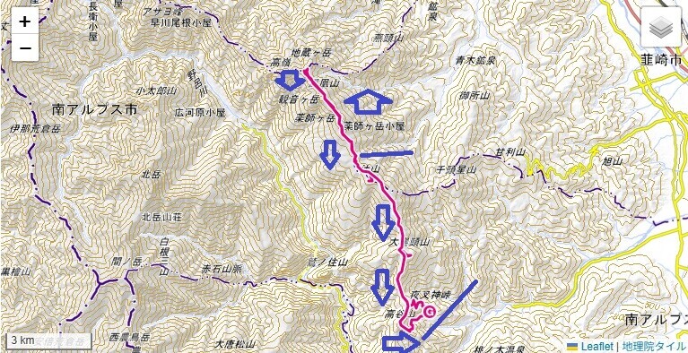 南御室小屋、薬師岳小屋、鳳凰三山、高谷山への登山ルートと標高差の地図