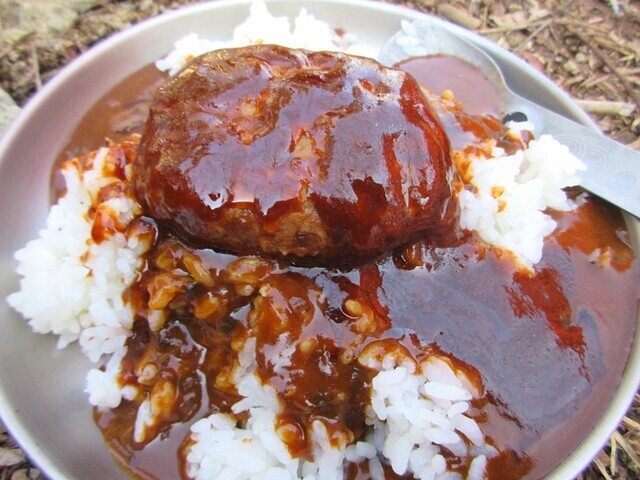 テント泊の為に持参したハンバーグ
