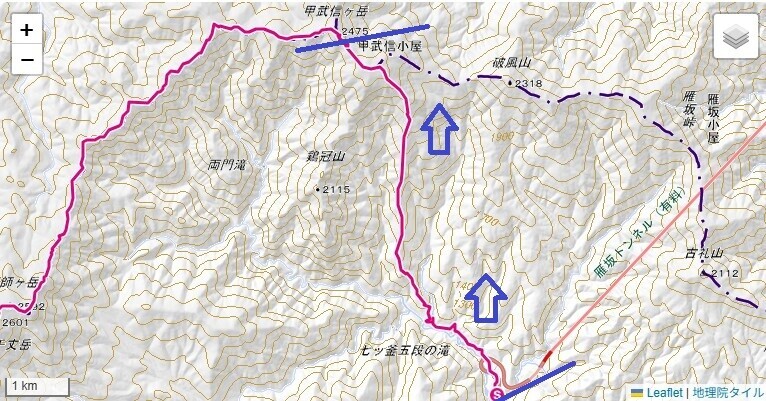 甲武信ヶ岳登山コースと標高差地図